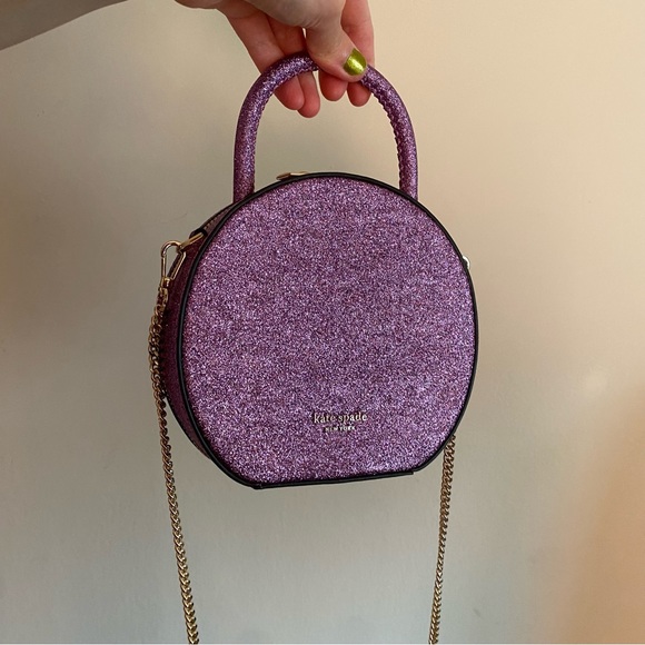Kate Spade Small Lilac Purple Glitter Round Handbag with Crossbody Chain Strap - Picture 4 of 6